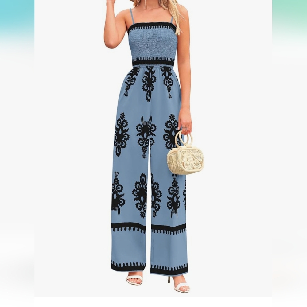 Elegant Blue and Black Patterned Women's Jumpsuit - Picture 4 of 6